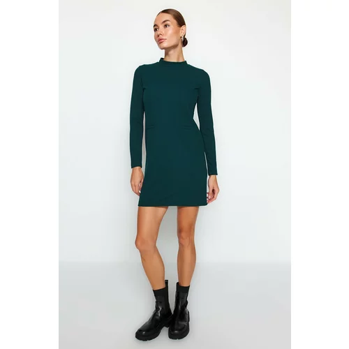 Trendyol Emerald Green Crepe Fabric Stand Up Mini Knitted Mini Dress With Pocket Look