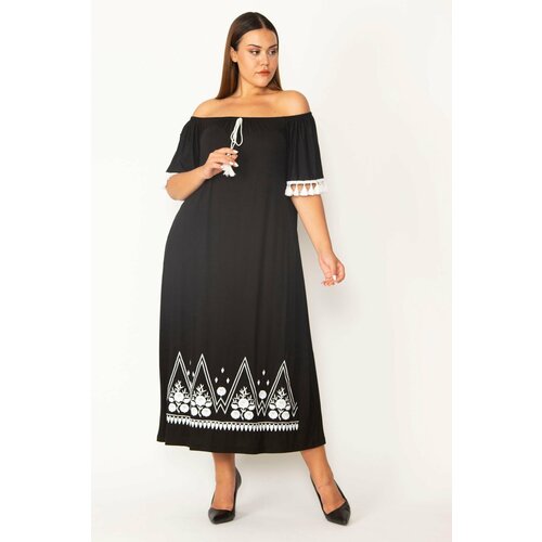 Şans Women's Plus Size Black Collar Elastic And Embroidery Detail Viscose Dress Slike