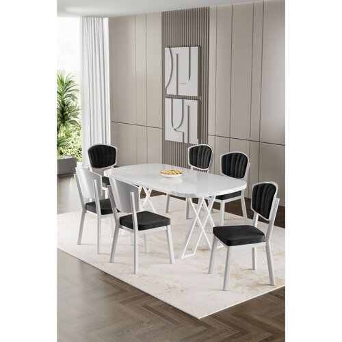Hanah home trpezarijski set Flori, sto i 6 stolica, bela ploča, crna tkanina Babyface Cene