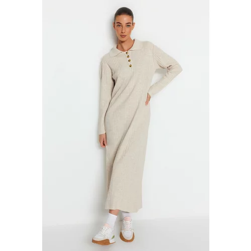 Trendyol Beige Polo Collar, Comfortable Fit and Ribbed Sweater Dress
