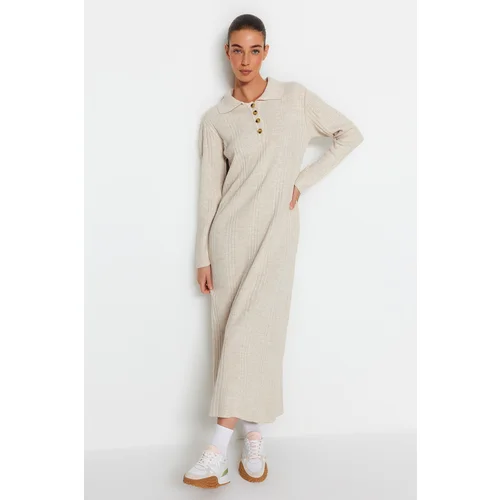 Trendyol Beige Polo Collar, Comfortable Fit and Ribbed Sweater Dress