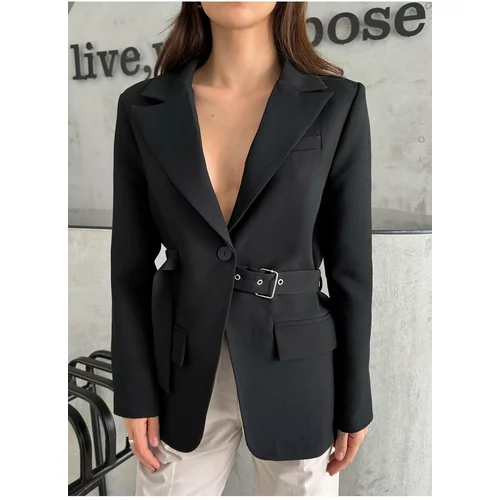 Laluvia Black Design Belted Blazer Jacket