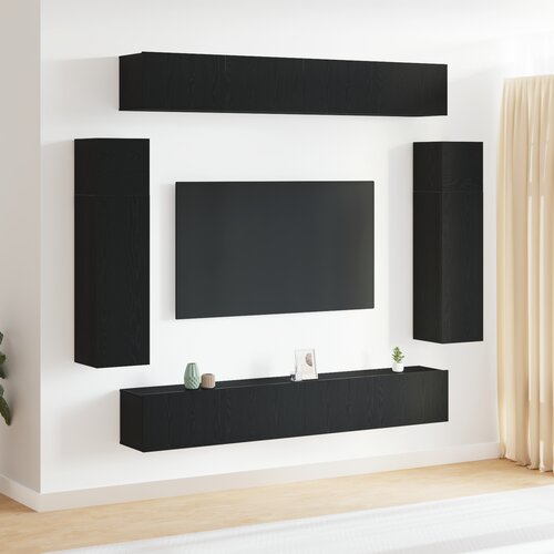 vidaXL 8-delni set TV omaric za stensko montažo črno hrastovo inženirsko leseno, stenske TV omarice - 2 kosi črno hrastovo, 30.5x30x90 cm, narejene iz inženirskega lesa, stenske TV omarice 2 kosa črno hrastovo 30.5x30x30 cm, črna hrastova stenska TV omara 100x30x30 cm narejena iz inženirskega lesa Cene