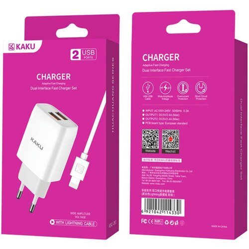 Kakusiga hi&amp;scaron;ni polnilec Q/HHDZ 2,4A 2x USB vtič s polnilnim kablom Lightning bel Slike