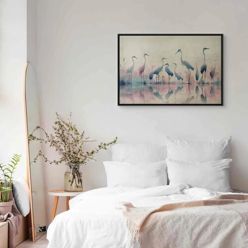  Slika - Birds by the lake - herons painted in watercolour in delicate grey and pink colours 60x40 U crnom drvenom okviru Slike