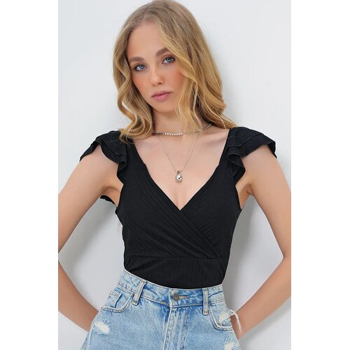 Trend Alacati Stili Ženska bluza kratkih rukava Alc-X13526, V-izrez, Crna Cene