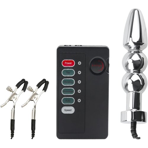 SuperLove E-Stim Beaded Anal Plug &amp;amp; Nipple Clamps Set Slike