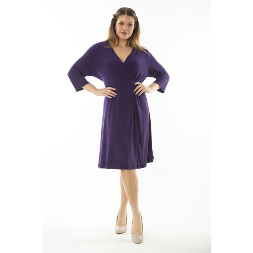 Şans Women's Plus Size Purple Wrapover Collar Capri Sleeve Dress Slike