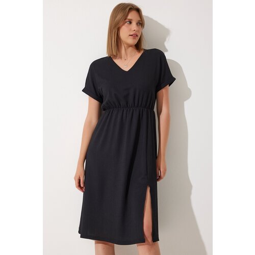  Women's Black V-Neck Slit Summer Casual Knitted Dress Cene