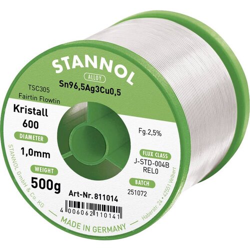 Stannol mehka spajkalna žica Kristall 600 v zlitini Flowtin TSC305 z 2\,5% pretoka 1\,0 mm na premeru 500 g Kristall 600 Fairtin spajkalna žica\, neosvinčena neosvinčeni Sn96\,5Ag3Cu, (20395564) Slike