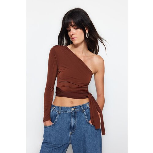 Trendyol Brown Slim One-Sleeve Tie Detailed Stretch Knitted Blouse Slike