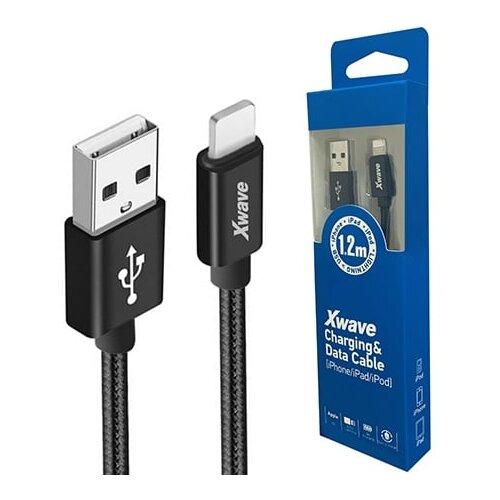 X Wave USB kabl/USB 2.0(tip A)- LIGHTNING(iPHONE kompatibilni)/dužina 1.2m/3A/Aluminium/black upleteni ( USB za iPhone 1.2m 3A Al /black mes USB za iPhone 1.2m 3A Al /black mesh Cene
