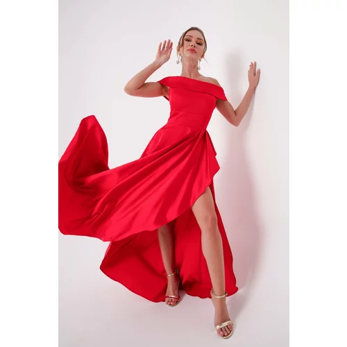 Lafaba Women's Red Bateau Neck Satin Evening & Prom Dress