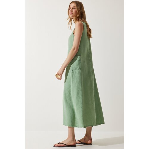 Women's Almond Green Wide Pocket Summer Muslin Dress Slike