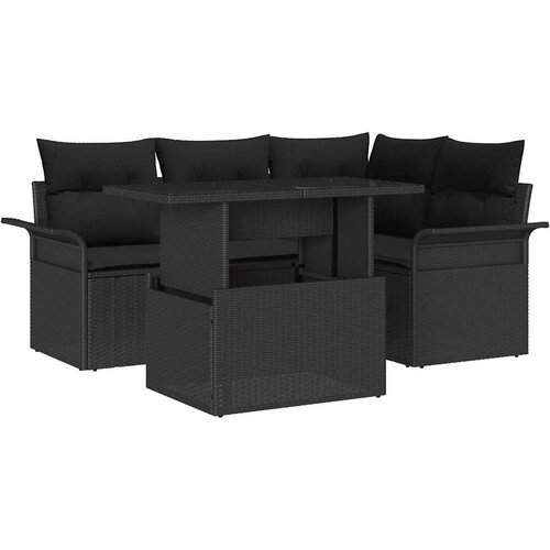 vidaXL 5-delni vrtni sofa set z blazinami Črn Poli ratan, 2-sedežna vrtna sofa s shrambo in blazinami Črn Poli ratan Cene
