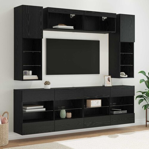 vidaXL Set omare za televizijo na steni z LED 6 pcs Črni Hrast - - črna - 92.49 - 197 x 30 x 60,5 cm - 2025--Uvoz_2 Cene