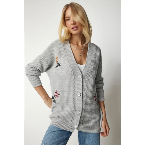 Happiness İstanbul Women's Gray Floral Embroidered Textured Knitwear Cardigan