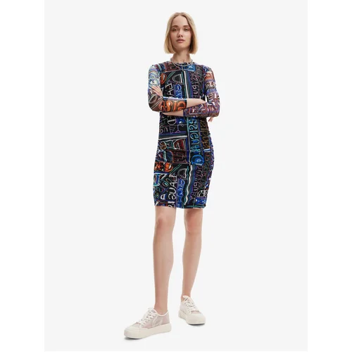 Desigual Blue and Black Women Patterned Sheath Mini Dress Lettering - Women