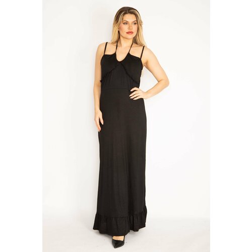Şans Women's Plus Size Black Long Dress With Straps And Frill Detailed Collar, Layered Hem Slike