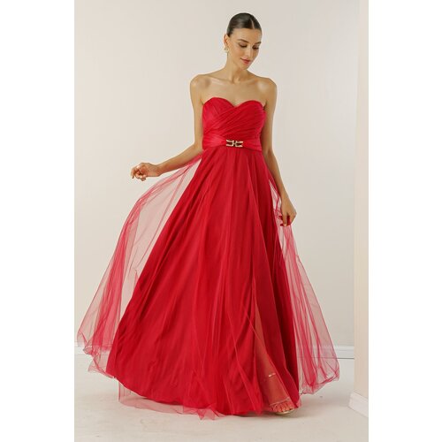 By Saygı Strapless, Buckled Waist, Draped and Lined Long Tulle Dress Slike