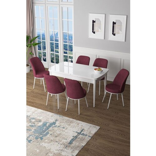 Hanah home Zen - White, Burgundy WhiteBurgundy Extendable Dining Table & Chairs Set (7 Pieces) Cene
