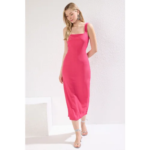 Trendyol Fuchsia Plain Maxi Ottoman Flexible Square Collar Thick Strap Bodycon Knitted Dress