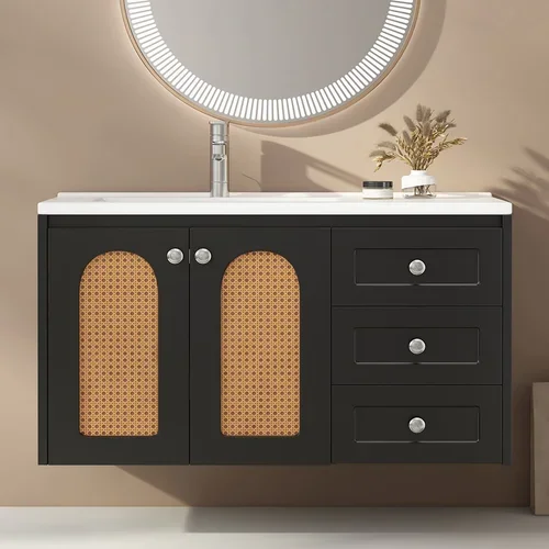 Uytie Stenska kopalniška omarica - keramični umivalnik in 3 predali - črna(ogledalo、 pipa ni vključena), (21221322)