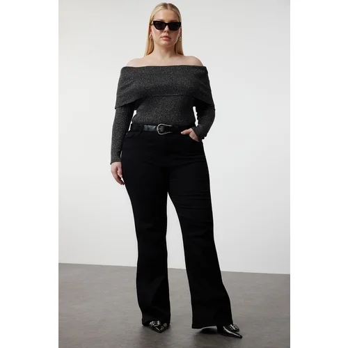 Trendyol Curve Black Lurex Corded Carmen Collar Knitwear Blouse