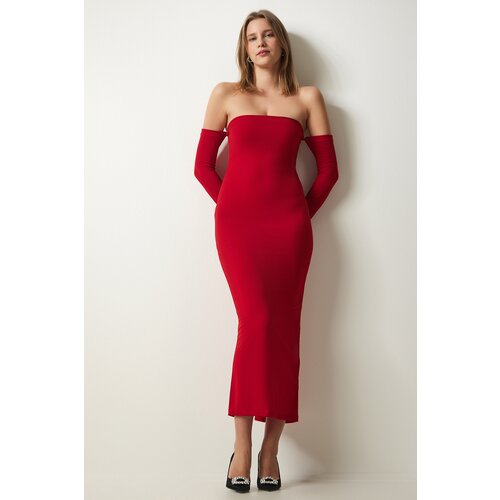 Happiness İstanbul Women's Red Strapless Neck Slit Sandy Dress Slike