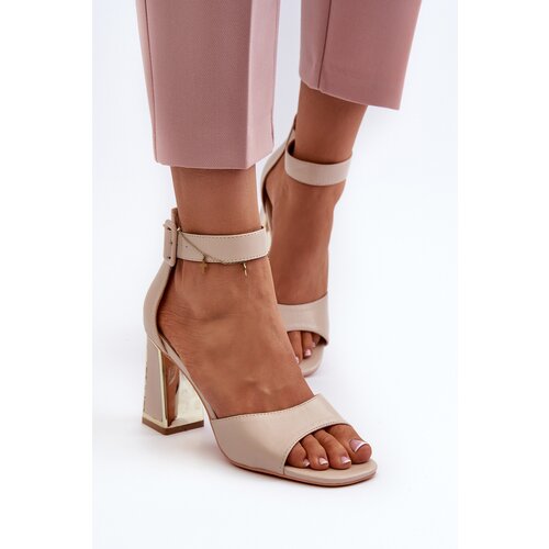 PE1 Elegant Women&amp;#039;s Sandals with Block Heel Beige Rosazara Slike