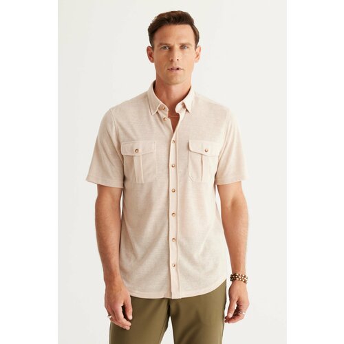 ALTINYILDIZ CLASSICS Men's Beige Slim Fit Slim Fit Shirt with Hidden Buttons, Collar with Pocket and Short Sleeves. Cene