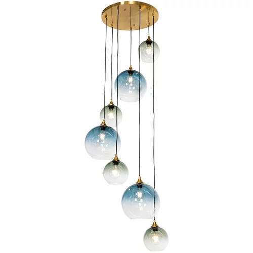 QAZQA Art Deco Viseča svetilka iz medenine z modrim steklom, okrogla 7 luči - Sandra