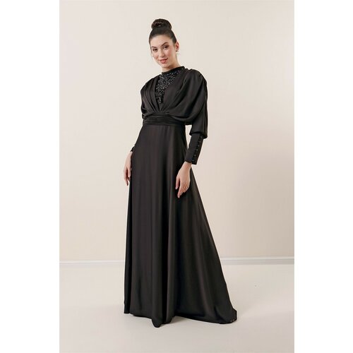 By Saygı Lined Sleeves with Pleated Button Detailed Beaded Satin Long Dress Black Slike