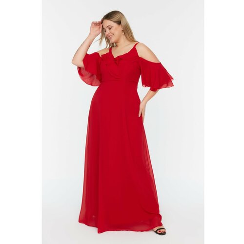 Trendyol Curve Red Double Breasted Neck Woven Chiffon Dress Slike