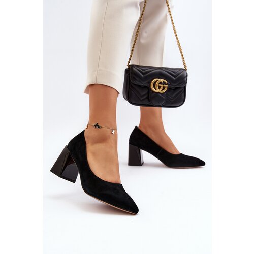 VINCEZA Black Suede Court Shoes with Chunky Heel Alessyndra Cijene
