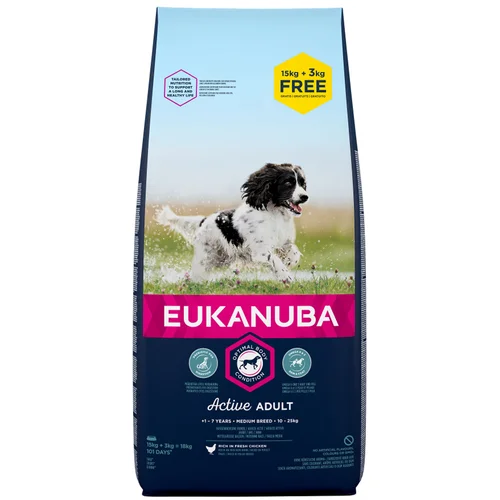 Eukanuba 15+3 kg gratis! 18 kg Adult & Puppy velike in srednje velike pasme - Adult Medium Breed piščanec