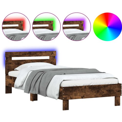 Maison Chic Posteljni okvir - Enojna postelja - Postelja za odrasle z vzglavjem in LED dimljeni hrast 100x200 cm-J9520, (21765577) Slike