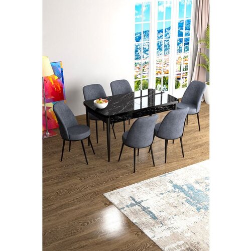 Hanah home Han - Black Marble, Fume Black MarbleFume Extendable Dining Table & Chairs Set (7 Pieces) Cene