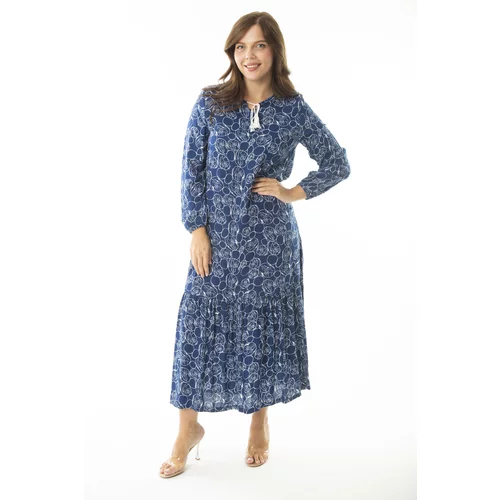 Şans Women's Plus Size Blue Woven Viscose Fabric Tiered Long Sleeve Dress