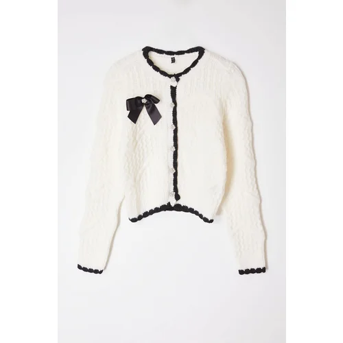 Trendyol Ecru Ribbon Detailed Beaded Knitted Cardigan