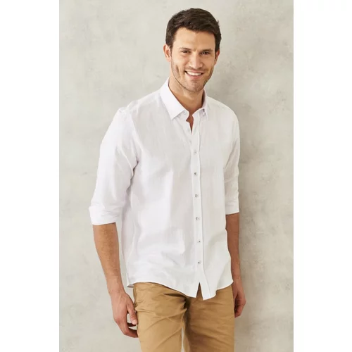 AC&Co / Altınyıldız Classics Men's White Slim Fit Slim Fit Hidden Button Collar Linen Look 100% Cotton Flamed Shirt