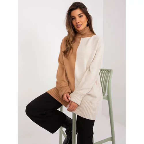 Fashion Hunters Camel and beige two-tone turtleneck sweater