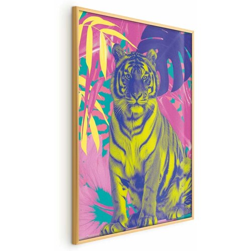  Plakat - Colorful Tiger - intense colors of a tiger surrounded by tropical plants 40x60 Zlatni okvir Cijene