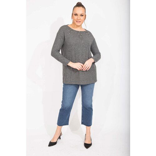 Şans Women's Smoky Plus Size Stone Detailed Wool Viscose Blouse Slike