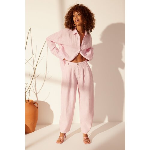 Trendyol Pink 100% Linen High Waist Barrel Trousers Cene