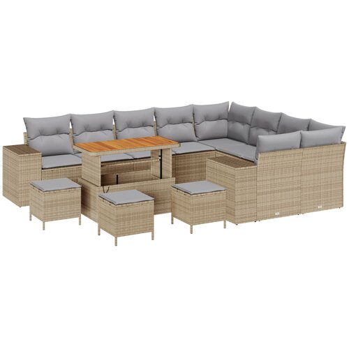 VidaXL 13-dijelni vrtni sofa set s jastučićima bež poli ratan akacija, 4-dijelni vrtni blagovaonski set s jastučićima bež poli ratan akacija Slike