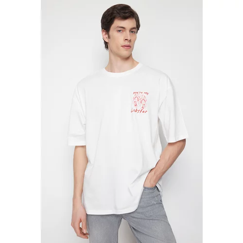 Trendyol Men's Ecru Oversize Crew Neck Lobster Embroidery 100% Cotton T-shirt