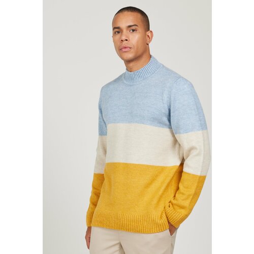 AC&Co / Altınyıldız Classics Men's Blue-mustard Standard Fit Normal Cut Half Turtleneck Striped Knitwear Sweater. Slike