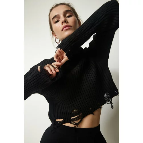 Happiness İstanbul Women's Black Ripped Detail Knitwear Crop Sweater