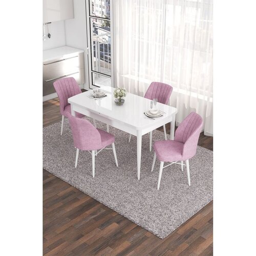 Hanah home trpezarijski set Eva, sto na razvlačenje i 4 stolice, bela ploča, roze tkanina Babyface Cene